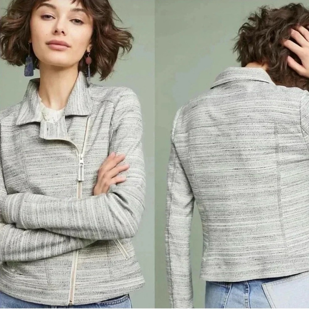 Anthropology Caitlin Marled Knit Moto Jacket Gray Cream Size Large